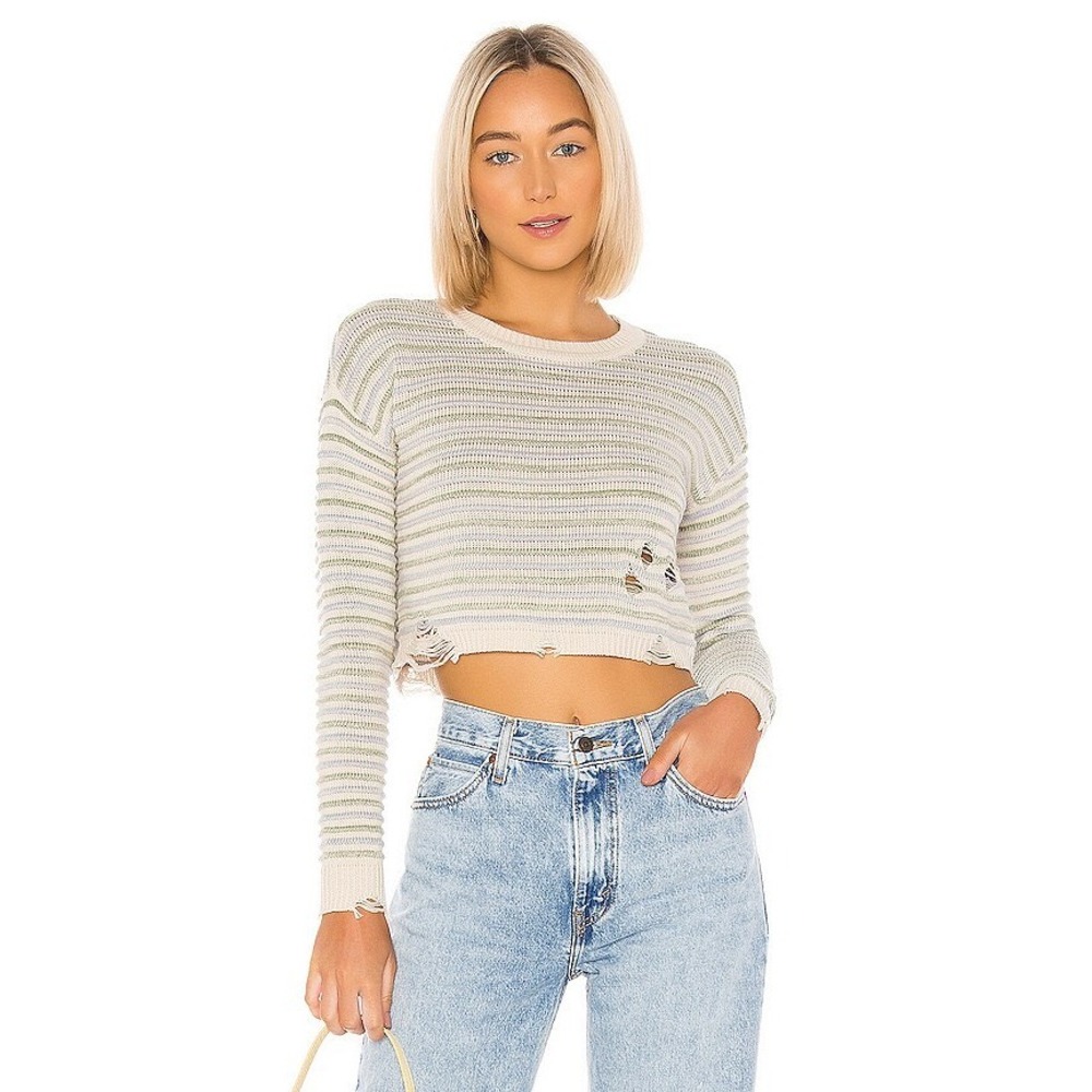 Lovers + Friends Someday Sweater Striped Distressed Cropped Knit Cream Multi S